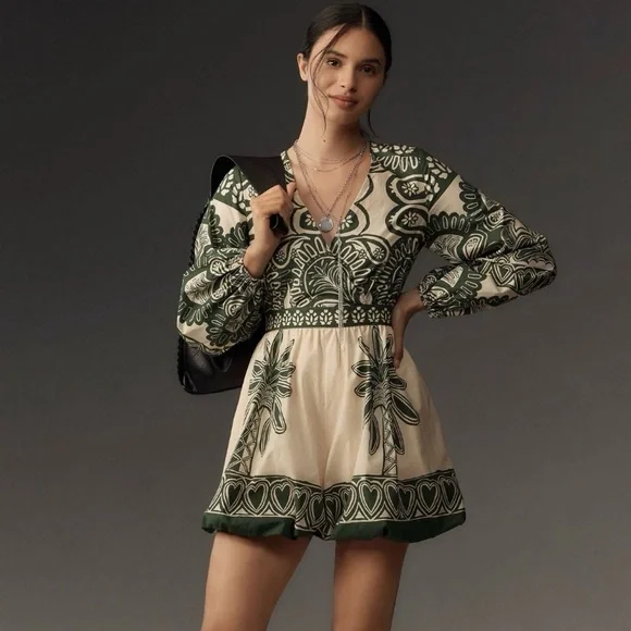 Farm Rio long sleeve v neck printed romper - Picture 1 of 9